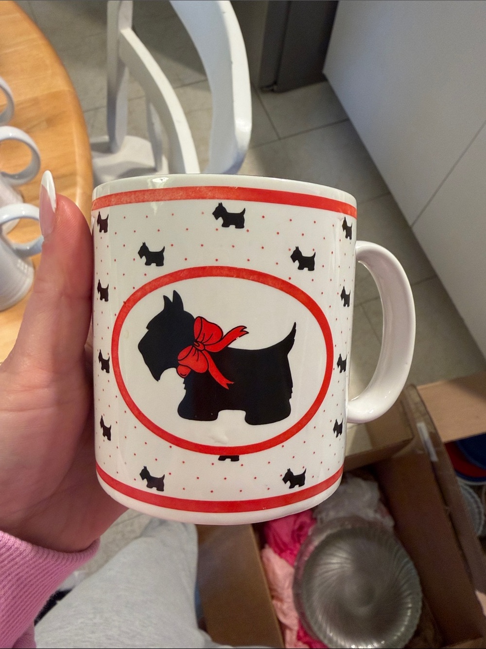 Russ White Mug with Black Scottie Dog and Red Accents